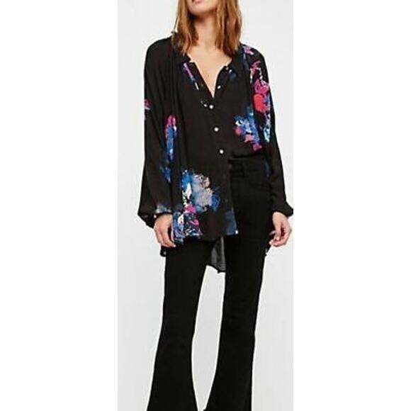 Free People Meadow Lark Tunic Blouse Boho Black Floral Print Women's S Button Up - Picture 10 of 12